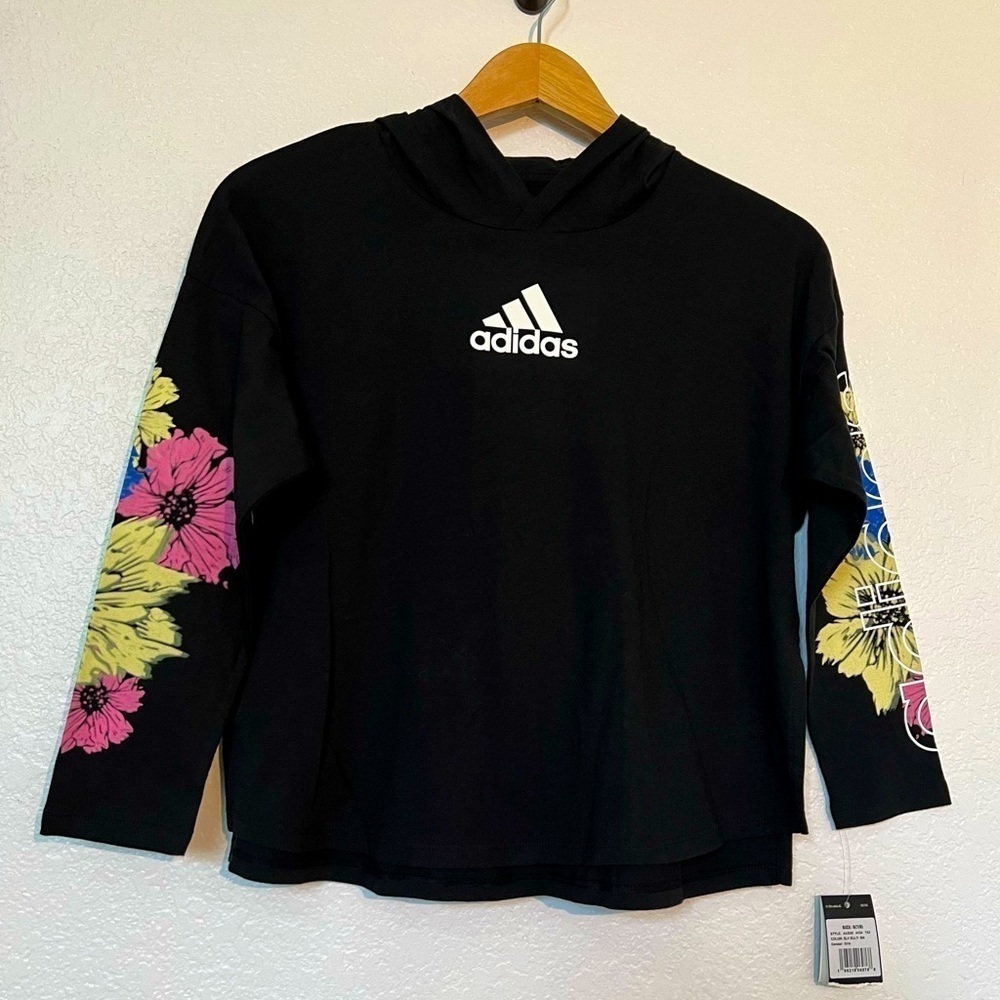 2/$30 Girls Adidas Curved Hem Hooded long sleeve tee black/ flower SZ S (7-8)